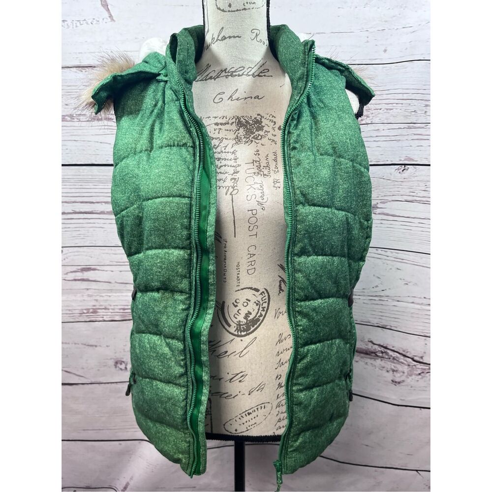 Green Tea Puffer Vest Hooded Faux Fur Trim Sparkle Quilted Zip Front Womens S